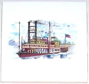 Natchez River Boat Ceramic Tile Accent 4.25" X 4.25" Kiln Fired Back Splash Tile