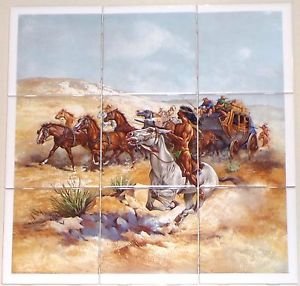 Remington Stage Coach 9pc 4.25" x 4.25" Ceramic Tile Backsplash Kiln Fired Decor