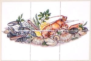 Sea Food Lobster Clam Ceramic Mural 6 piece of 4.25" x 4.25" Kiln fired Decor
