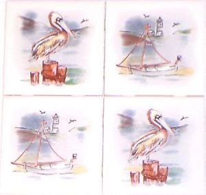 Pelican Ceramic Tile Accents Back Splash Sea Bird Beach 4pcs 4.25" Kiln Fired