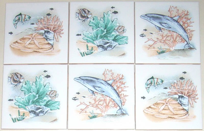 Closeout Dolphin Ceramic Tile Mural Accent Coral Reef 4.25" Kiln Fired Back Splash
