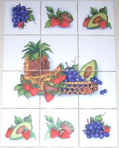 Closeout Fruit Ceramic Tile Mural 6 + 6 pcs 4.25" Kiln Fired Avacado Strawberries Grapes