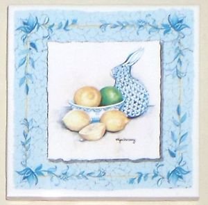 Closeout FOUR Lemon and Lime Ceramic Tiles 4.25" x 4.25" Kiln Fired Decor with Blue Border