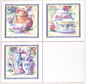 TEA SET W/BLUE CERAMIC TILE MURAL BACK SPLASH 4.25" KILN FIRED Set of 3 pieces