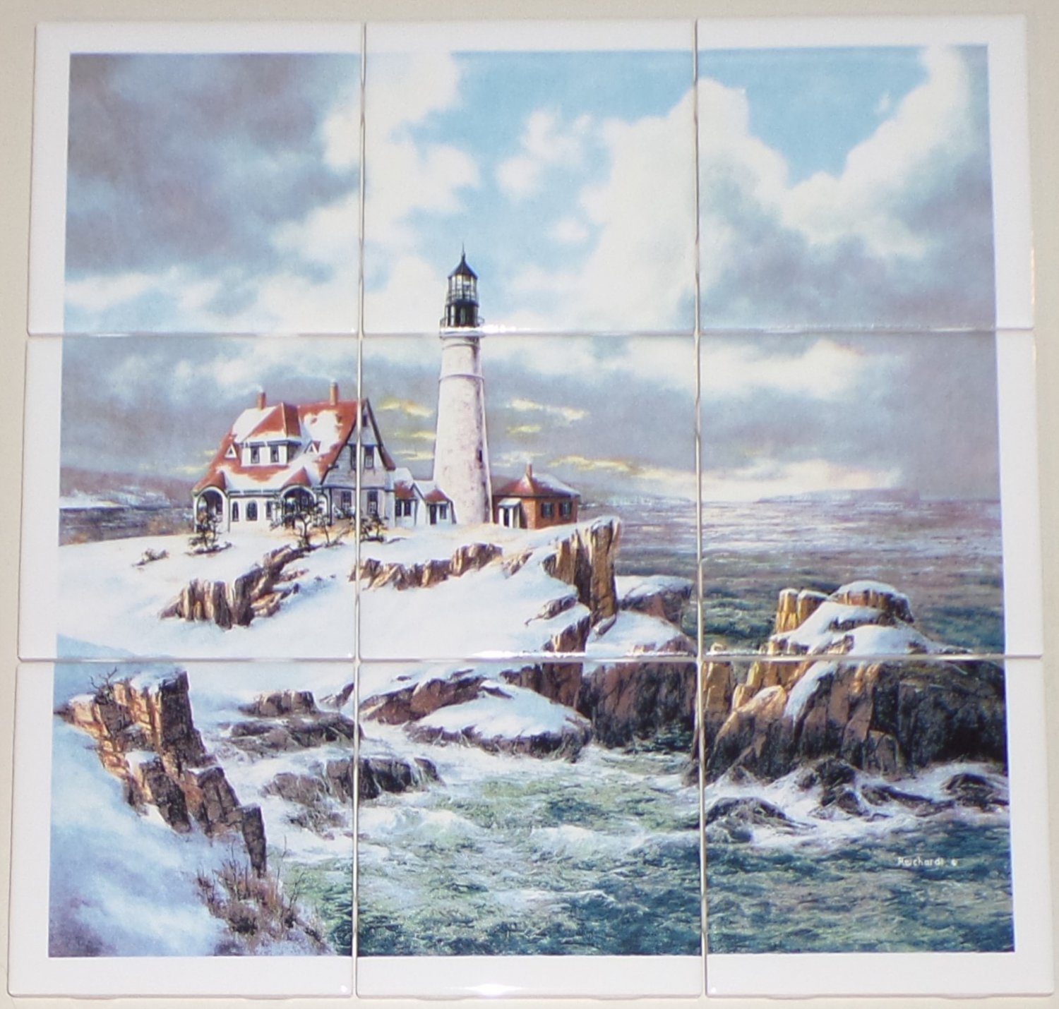 Winter Light House Ceramic Tile Mural 9pc 4.25" Ocean Backsplash Kiln Fired