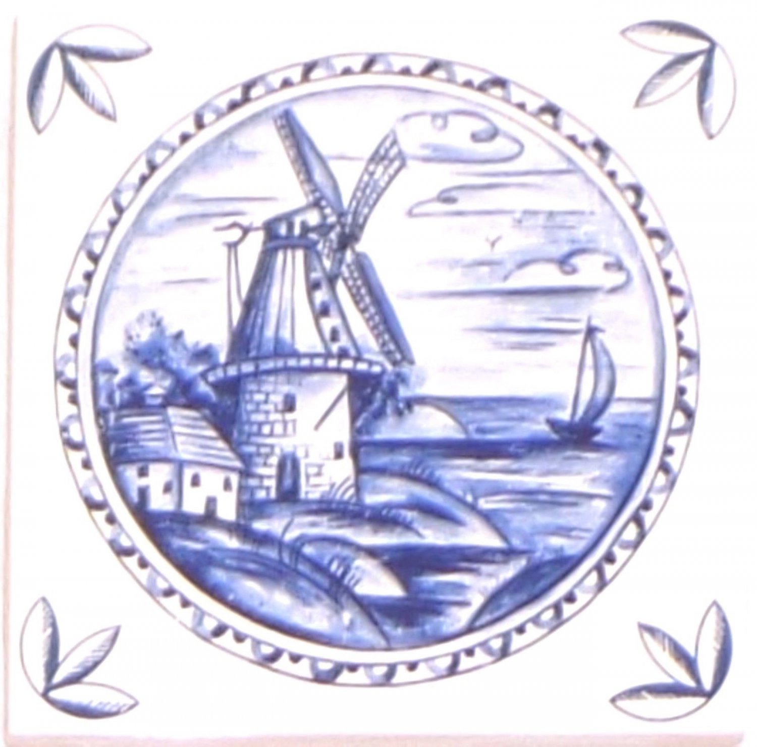Blue Delft Ceramic Tile 4.25" x 4.25" House Windmill Kiln Fired with Corners #2