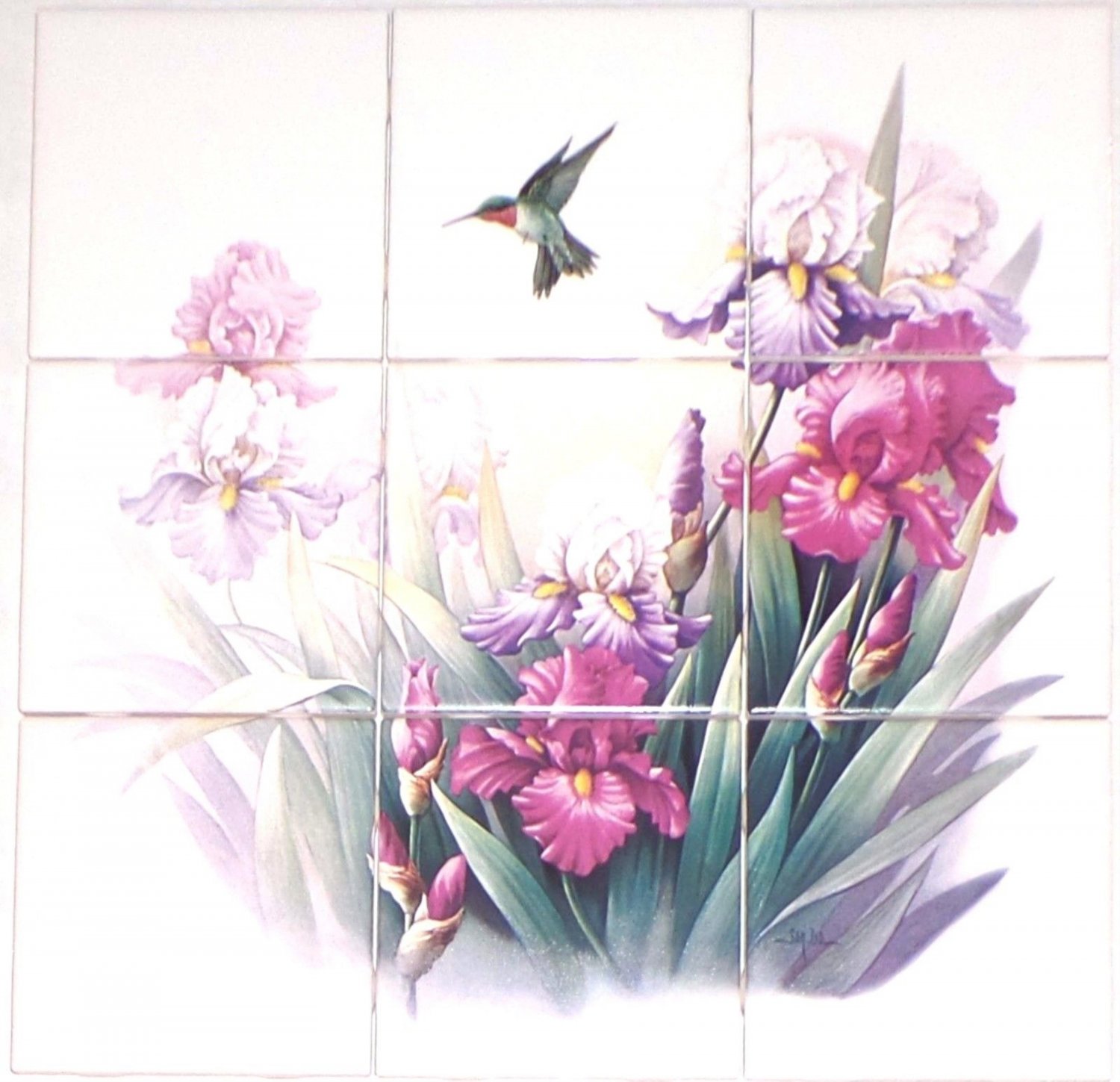 Hummingbird Iris Ceramic Tile Mural Lavender and Pink Flowers 9pc of 4.25" Bird