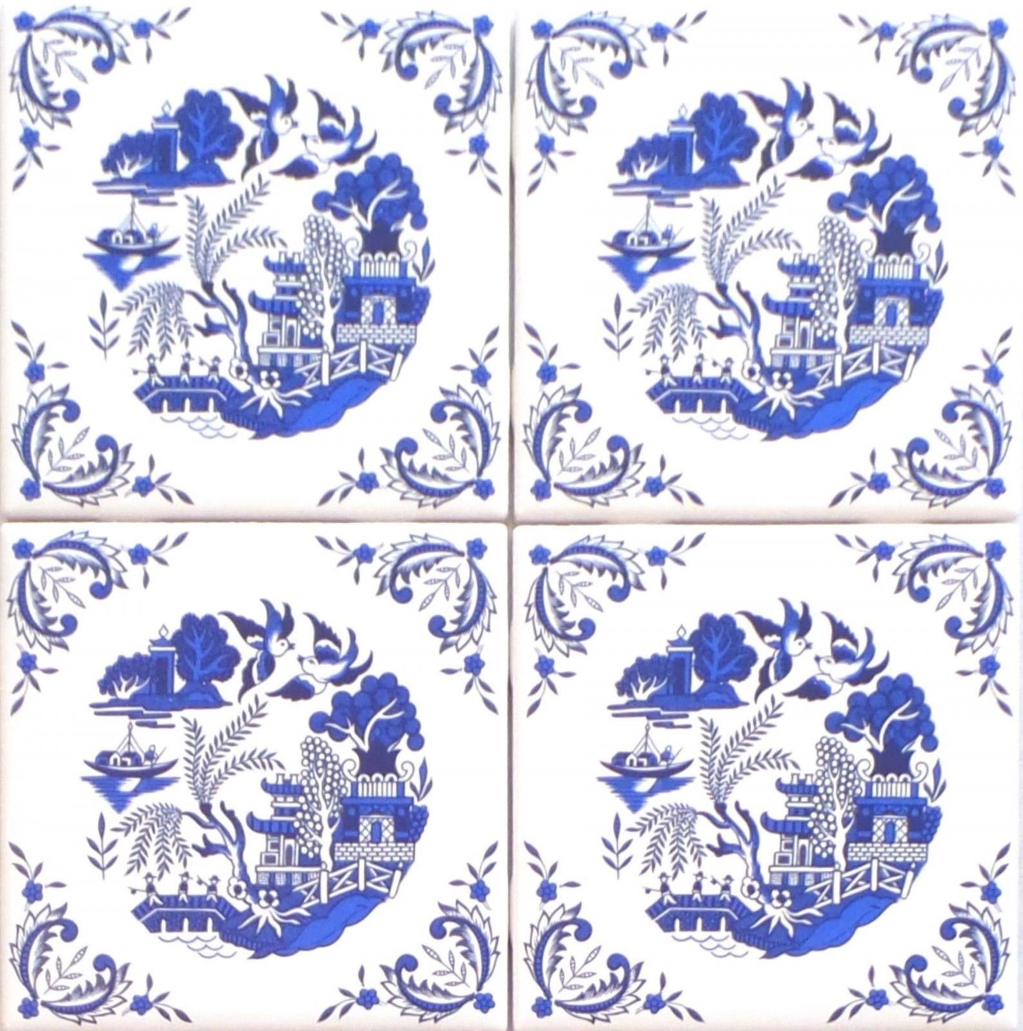 4 set Blue Willow Ceramic 4.25" Accent Tile Kiln Fired Decor Decorative Corners