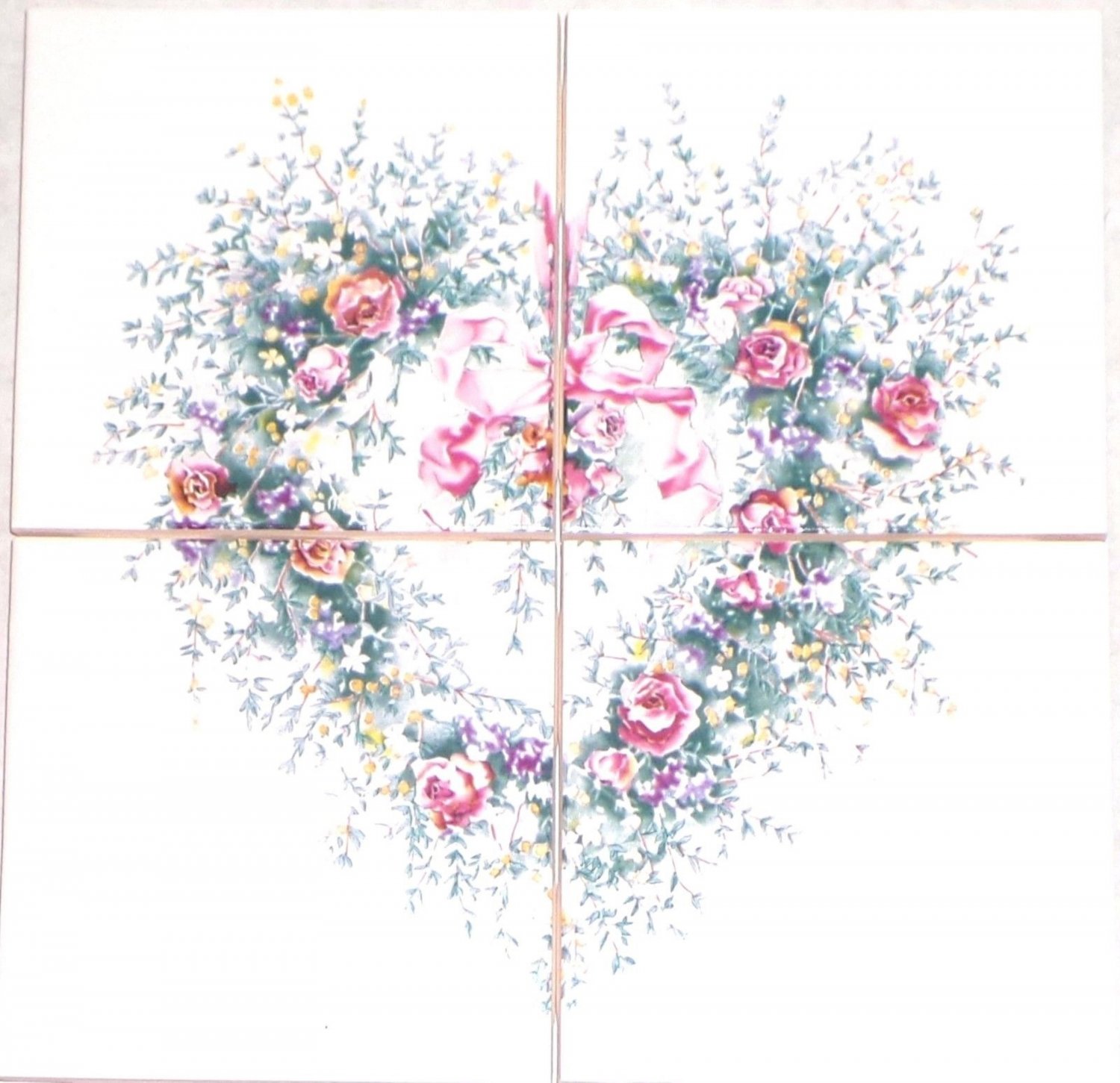 Closeout Heart Pink Rose Ceramic Tile Mural 4 pc 4.25" x 4.25" Kiln Fired Back Splash