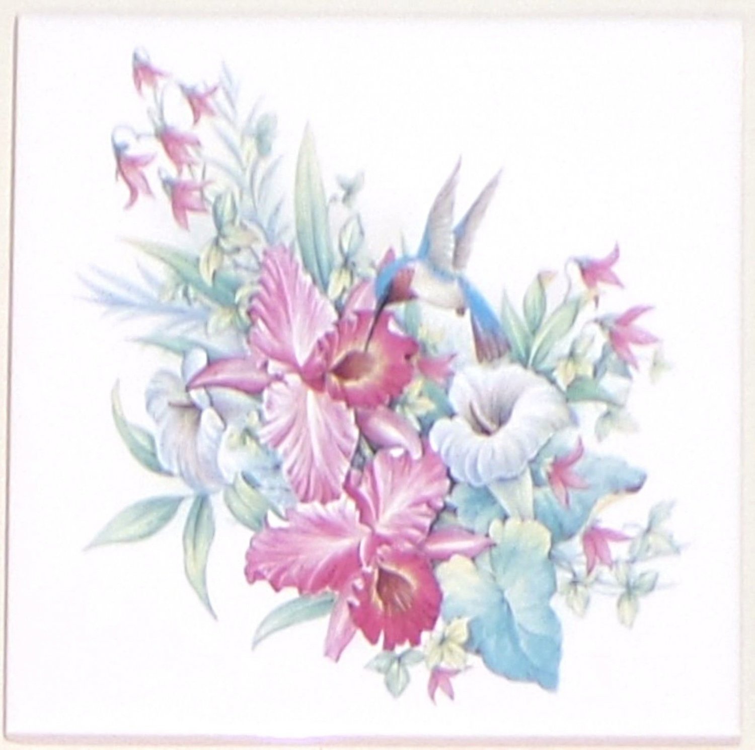 Blue Hummingbird Iris Flowers Ceramic Tile 4.25" x 4.25" Kiln Fired