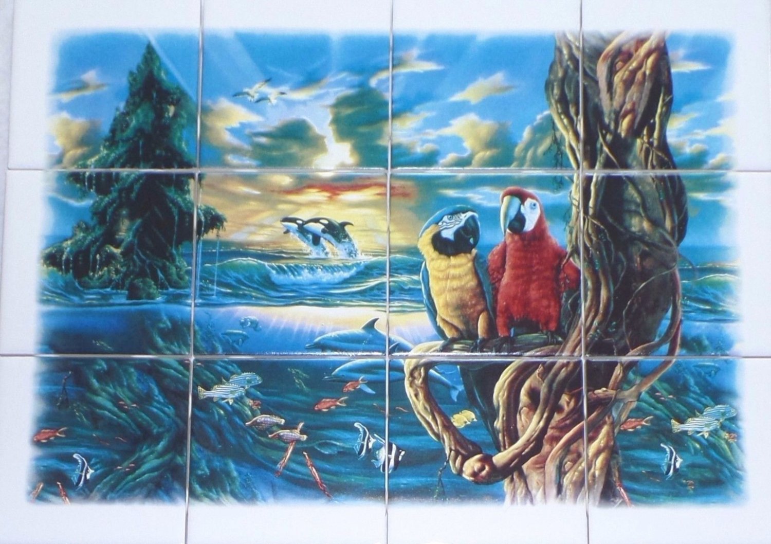 Parrots and Sea Life 12pc Mural Ceramic Tile 4.25" Kiln Fired Decor Back Splash