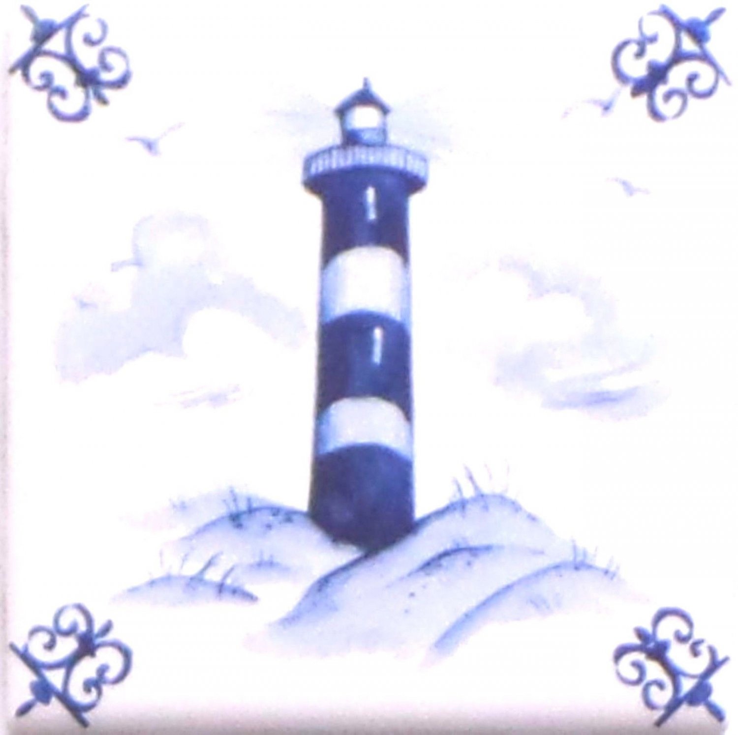 Blue Light House Ox Tail Ceramic Tile Accent Kiln Fired Back Splash Delft 4.25