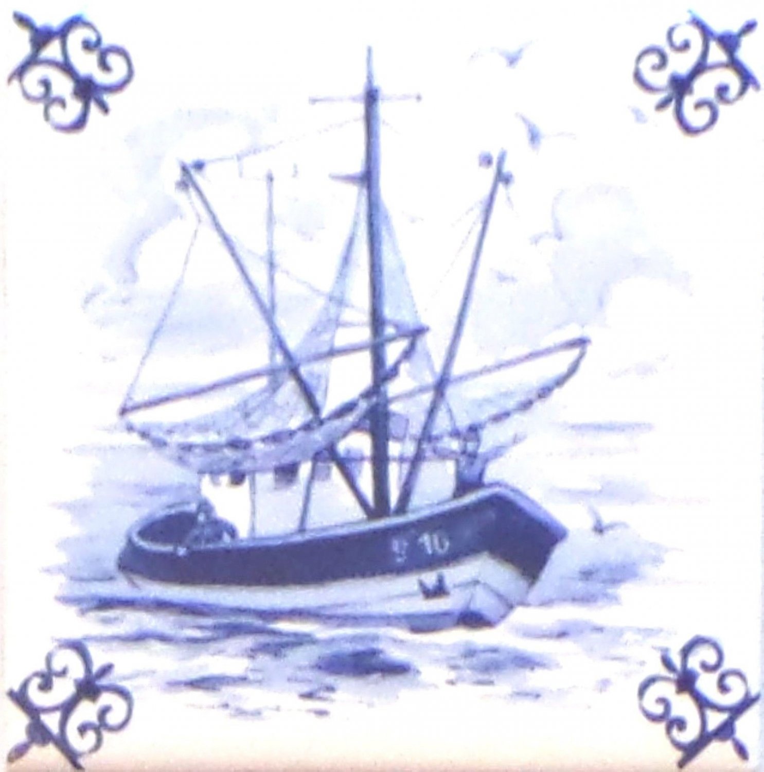 Blue Fishing Boat Ox Tail Ceramic Tile Accent Kiln Fired Back Splash Delft 4.25"