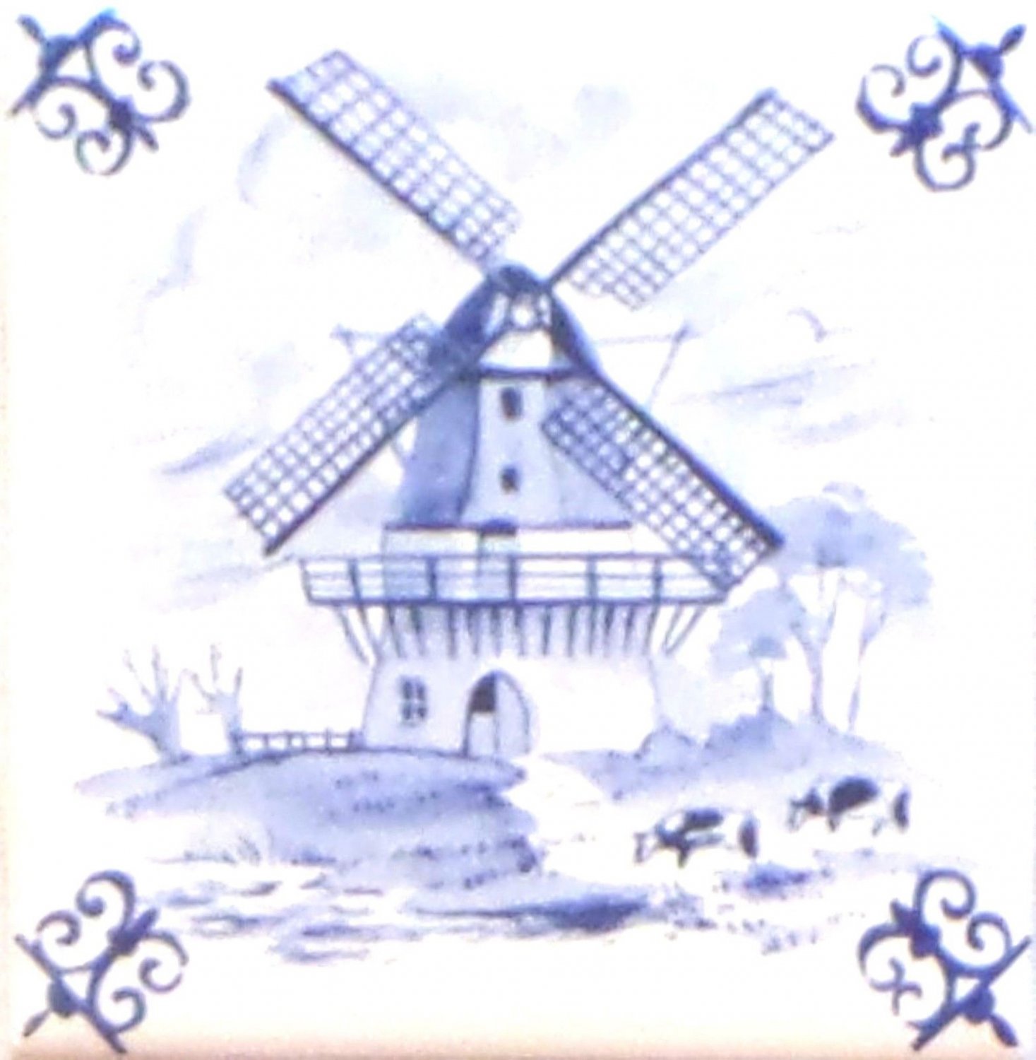 Blue Wind Mill Ox Tail Ceramic Tile Accent Kiln Fired Back Splash Delft 4.25"