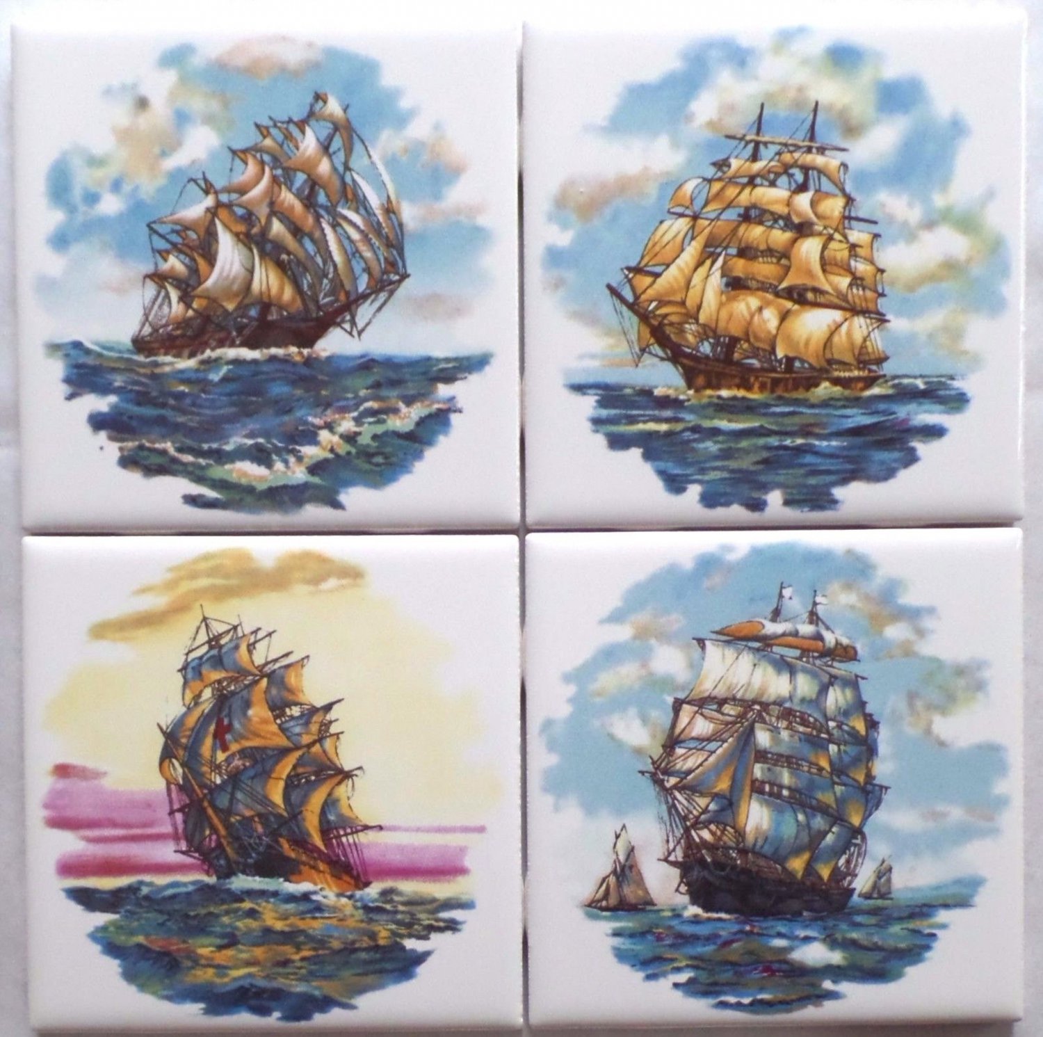 Nautical Ceramic Tile Set of 4 kiln fired 4.25" x 4.25" Sailing Ships