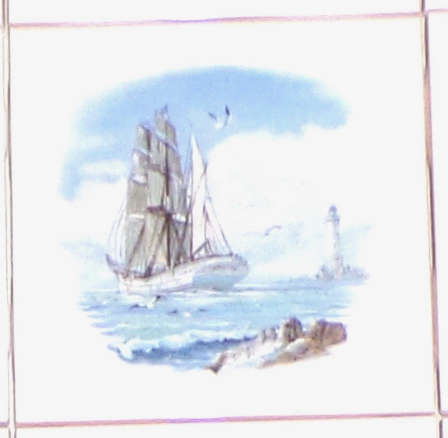 Ship Ceramic Accent Tile Goelette Sailing Light House Backsplash Kiln Fired