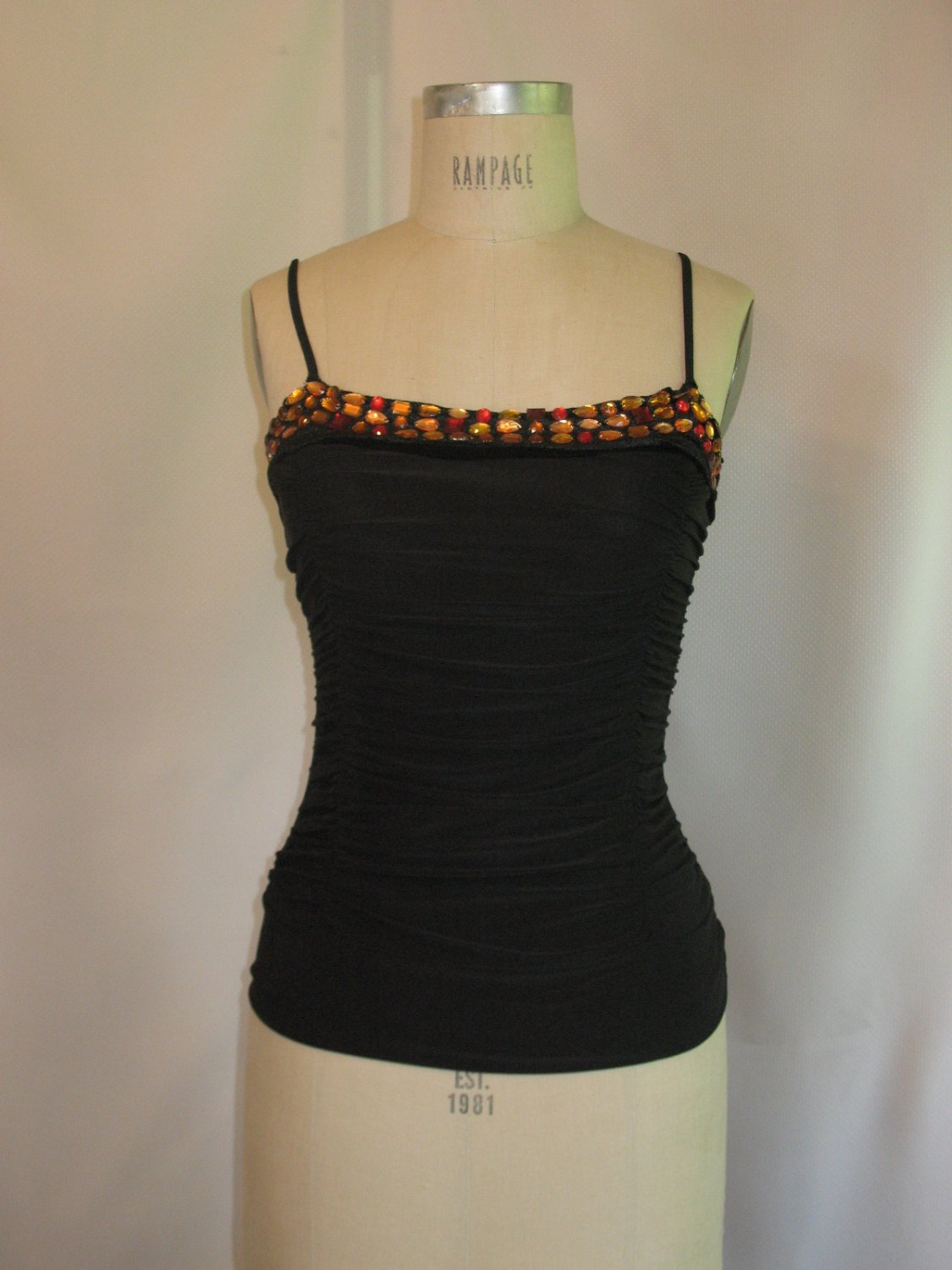 Wink M/L Black Shirred Tank Top Contrast Jeweled Neckline