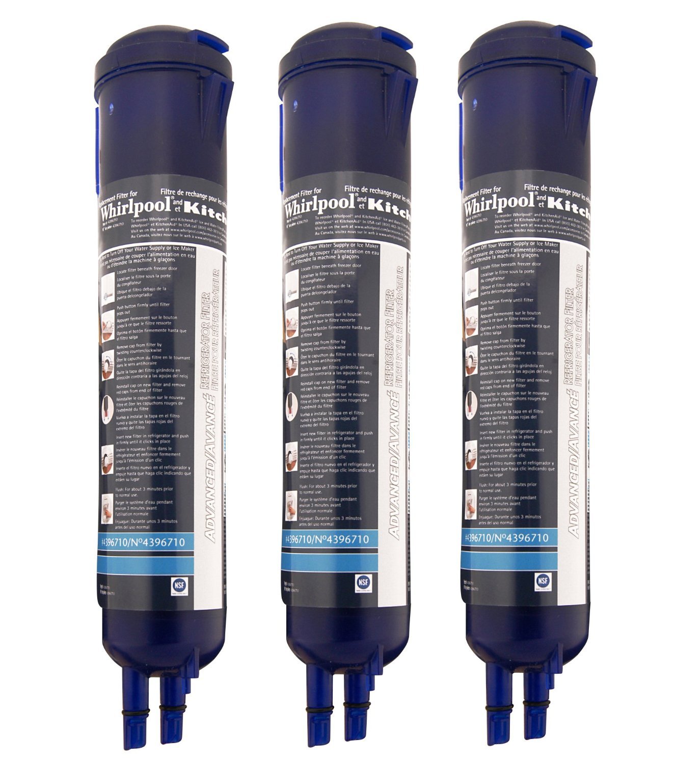 Whirlpool 4396710T Push Button Cyst-Reducing Side-by-Side Refrigerator Water Filter, 3-Pack