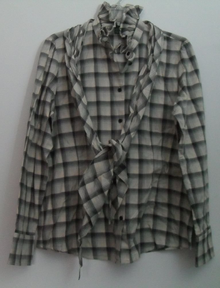 Lauren Jeans by Ralph Lauren Ruffle Collar Crosshatch Beige Gray w/ Scarf Tie L