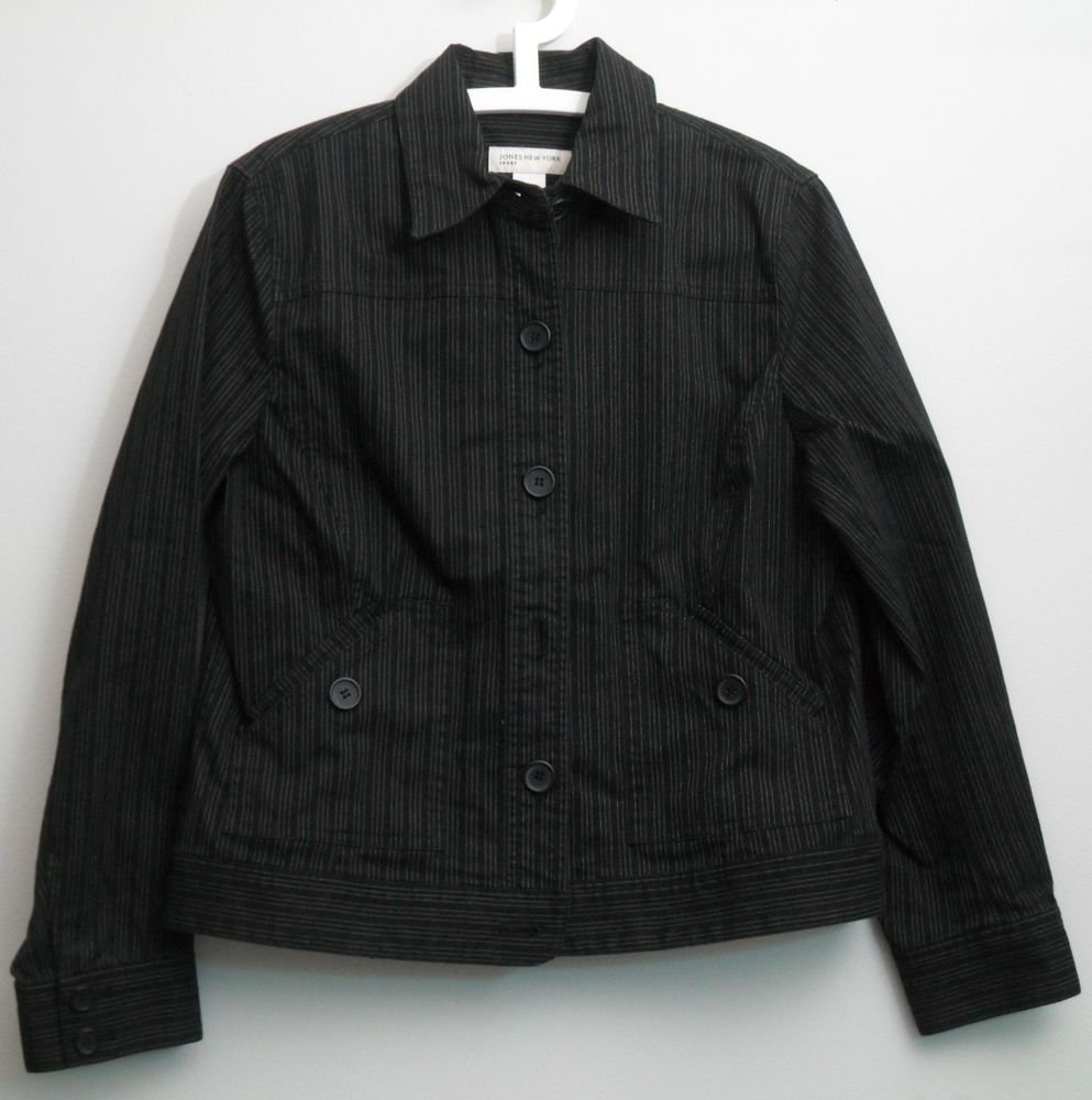 Jones New York Sport Blazer Jacket Large Black w/ Tan Stitching 2 Pockets Button