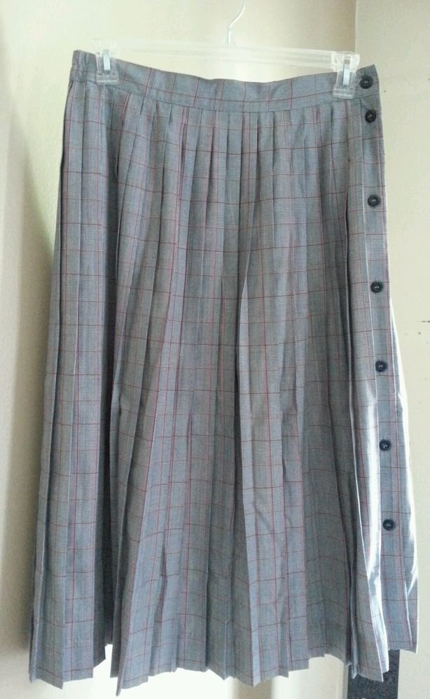 Worthington Pleated Plaid Red White Navy Blue Side Button Down Skirt Size 16