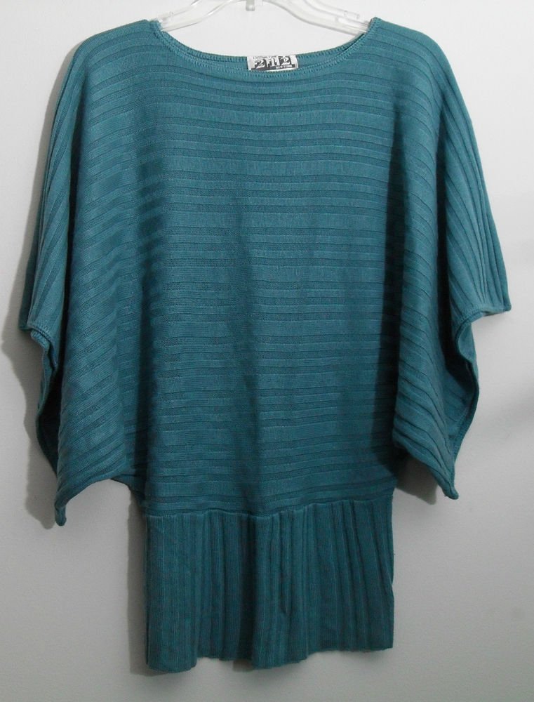 Two One Two 2-1-2 New York Teal Dolman Batwing Knit Sweater Pullover Top Small