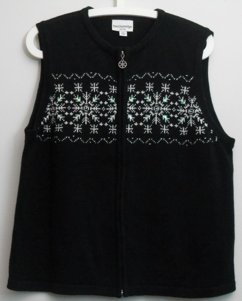 Breckenridge PXL Black White Snowflake Sweater Vest Beads Sequins Ramie Cotton