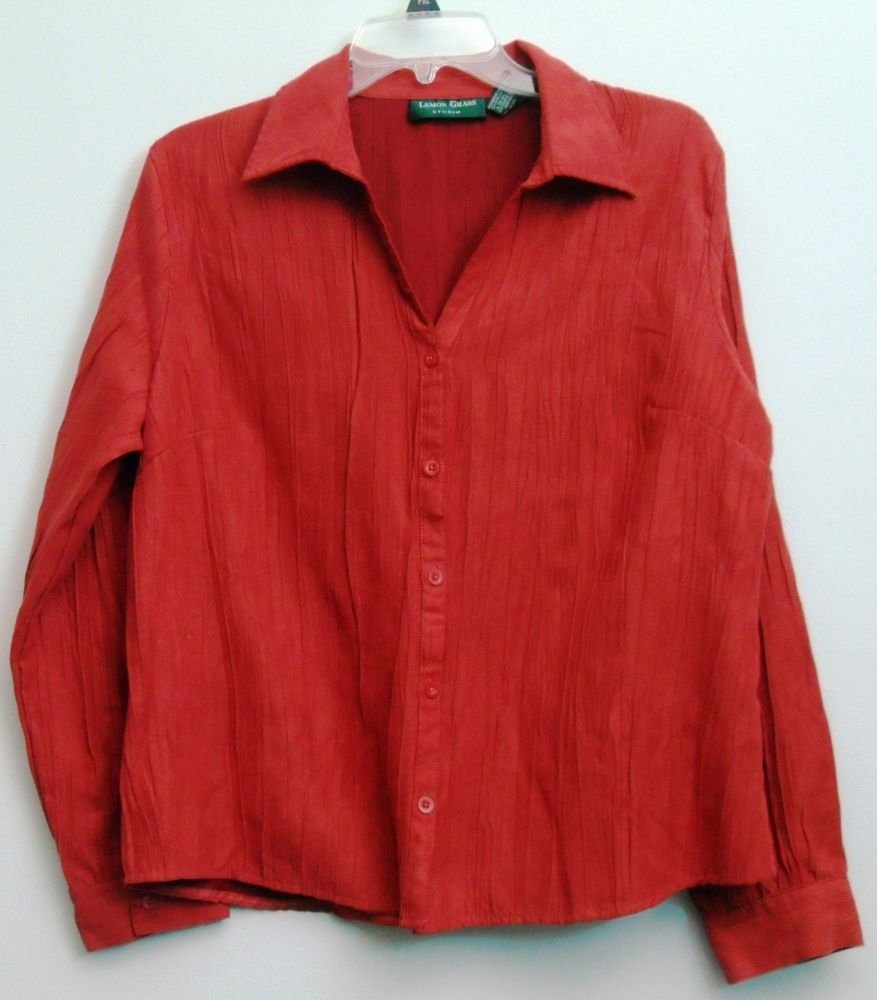 Lemon Grass Studio Brick Red Button Down Blouse XL Collared Shirt Ruffled Look