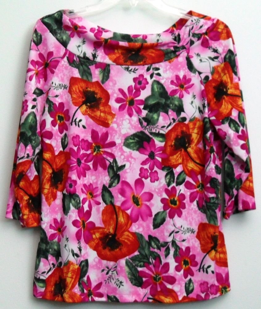 Avenue Plus 14/16 Pink Orange Red Green Flower Leaf Pattern Boat-Neck Blouse
