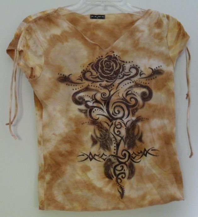 F.A.N.G. Juniors Large Orange Tie Dye Style Sparkle Rose Embroidery Adjustable S