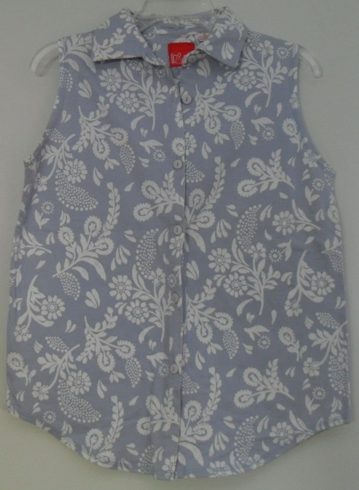 Liz & Co. Blue White Floral Pattern Sleeveless Top Button Front Size Medium
