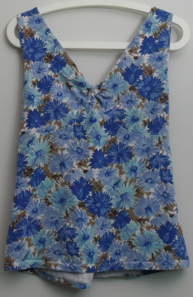 Covington L 14/16 Blue Brown Flower Twisted Front Crossover Back Halter Tank Top