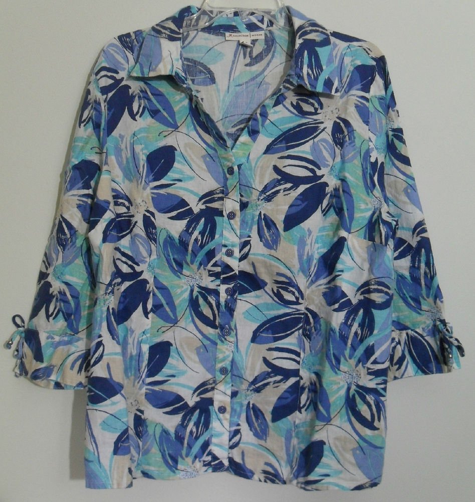 JM Collection Blue Button Down Floral Pattern 100% Linen Split V-Neck Top Sz 18W