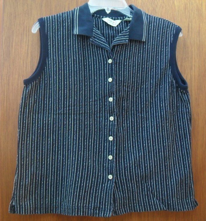 Reebok Ladies Large Button Down Sleeveless Golf Shirt Navy Blue Vertical Stripes