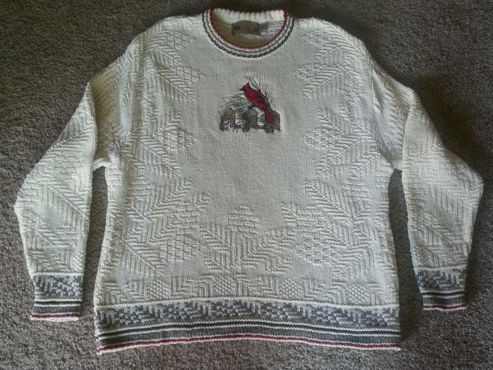 Shenandoah Cable Knit Off White w/ Gray Red Sweater Embroidered Cardinal Bird XL