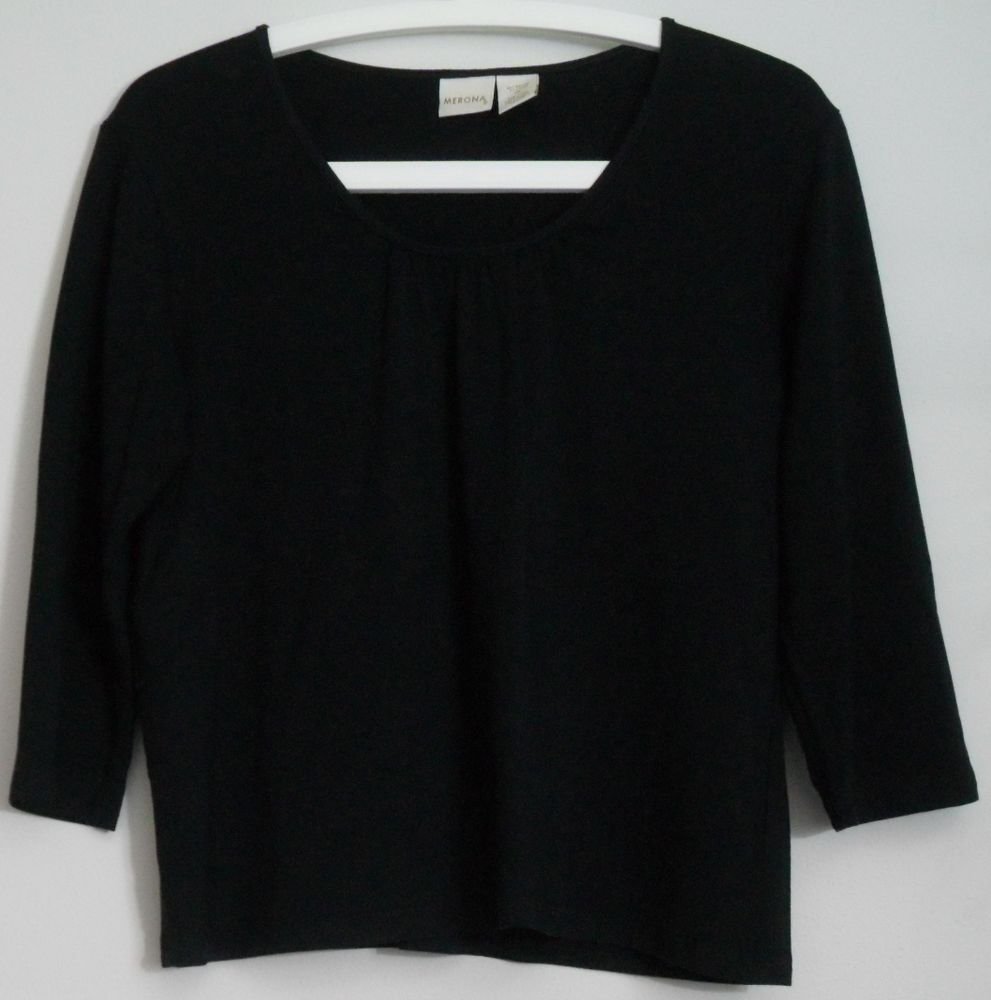 Merona XL Black 3/4 Sleeve Rayon Lycra Blouse Knit Top Center Pleat