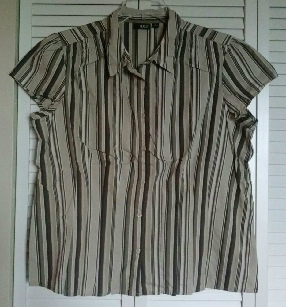 a.n.a. A NEW APPROACH 1X Brown Striped Elastic Gather Shoulders Button Blouse