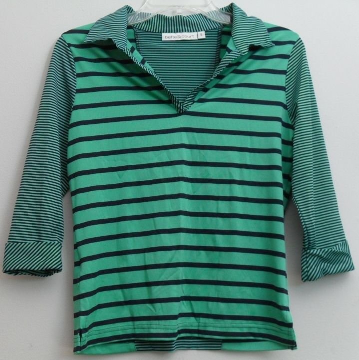 Bette & Court Women's Active Gear Mint Green Golf V-Neck Navy Blue Stripes Small