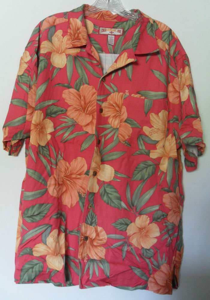 Caribbean Joe Let Go Floral Red Orange Green Leaves Button Front LT Chest Pocket