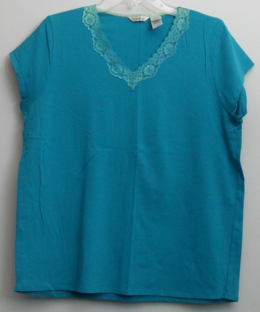 Adonna Teal Lace V-Neck Pajama Top 95% Cotton 5% Spandex Cap Sleeve size Large L