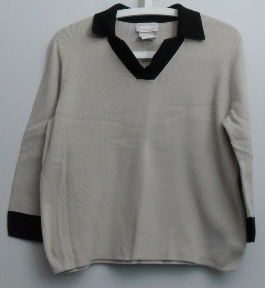 Designers Originals Squared V-neck Collar Beige and Black Knit Sweater Top Large