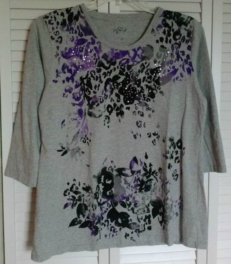 Style & Co Sport Gray Tee Watercolor Purple Black Silver Rhinestone Studs Large