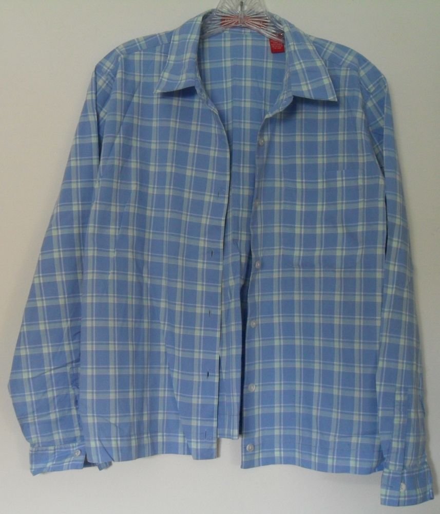 Gloria Vanderbilt White/Blue Checkered Button Down Collared Long Sleeve 1 Pocket