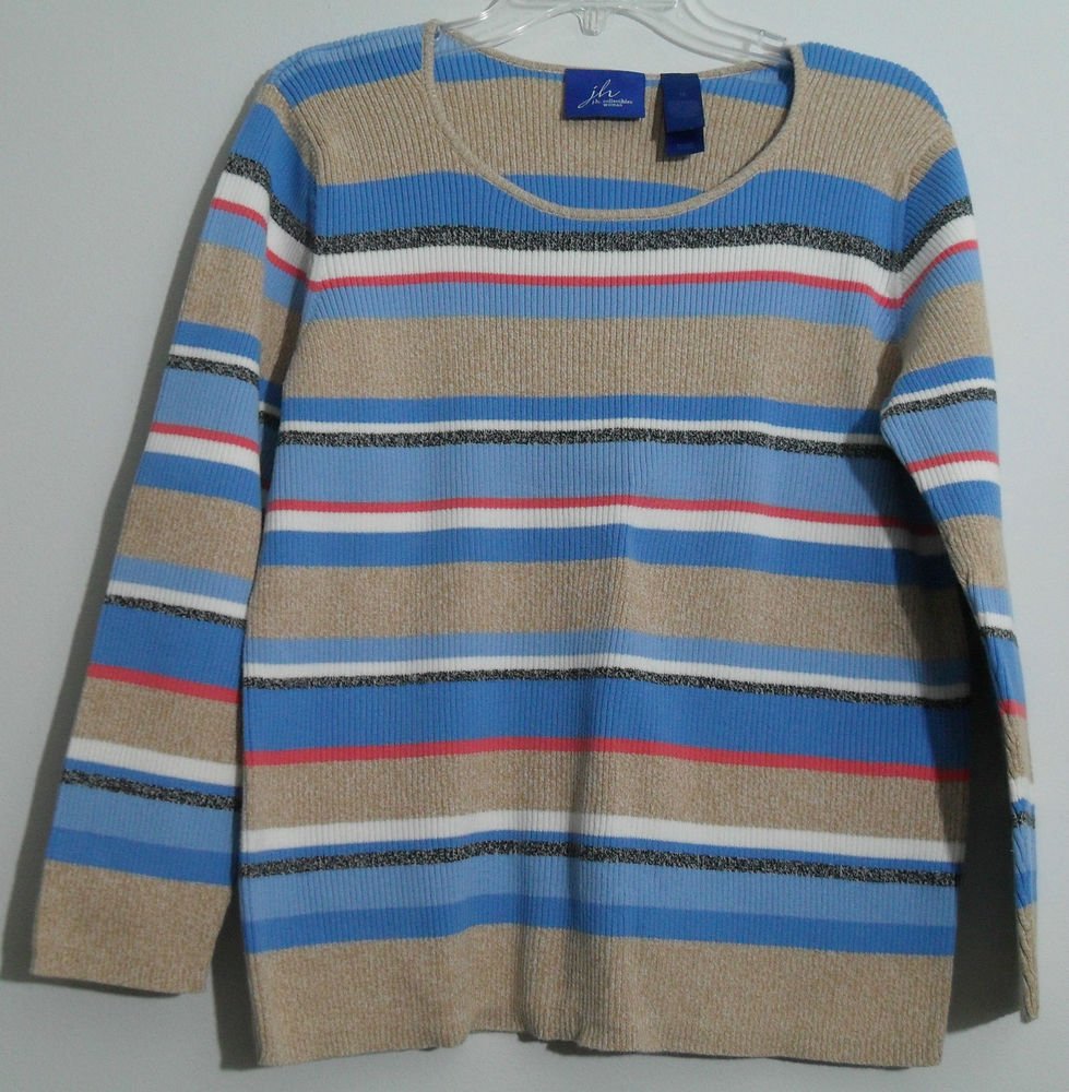 J.H. Collectibles Woman Women Plus 1X Horizontal Striped Cotton Pullover Sweater