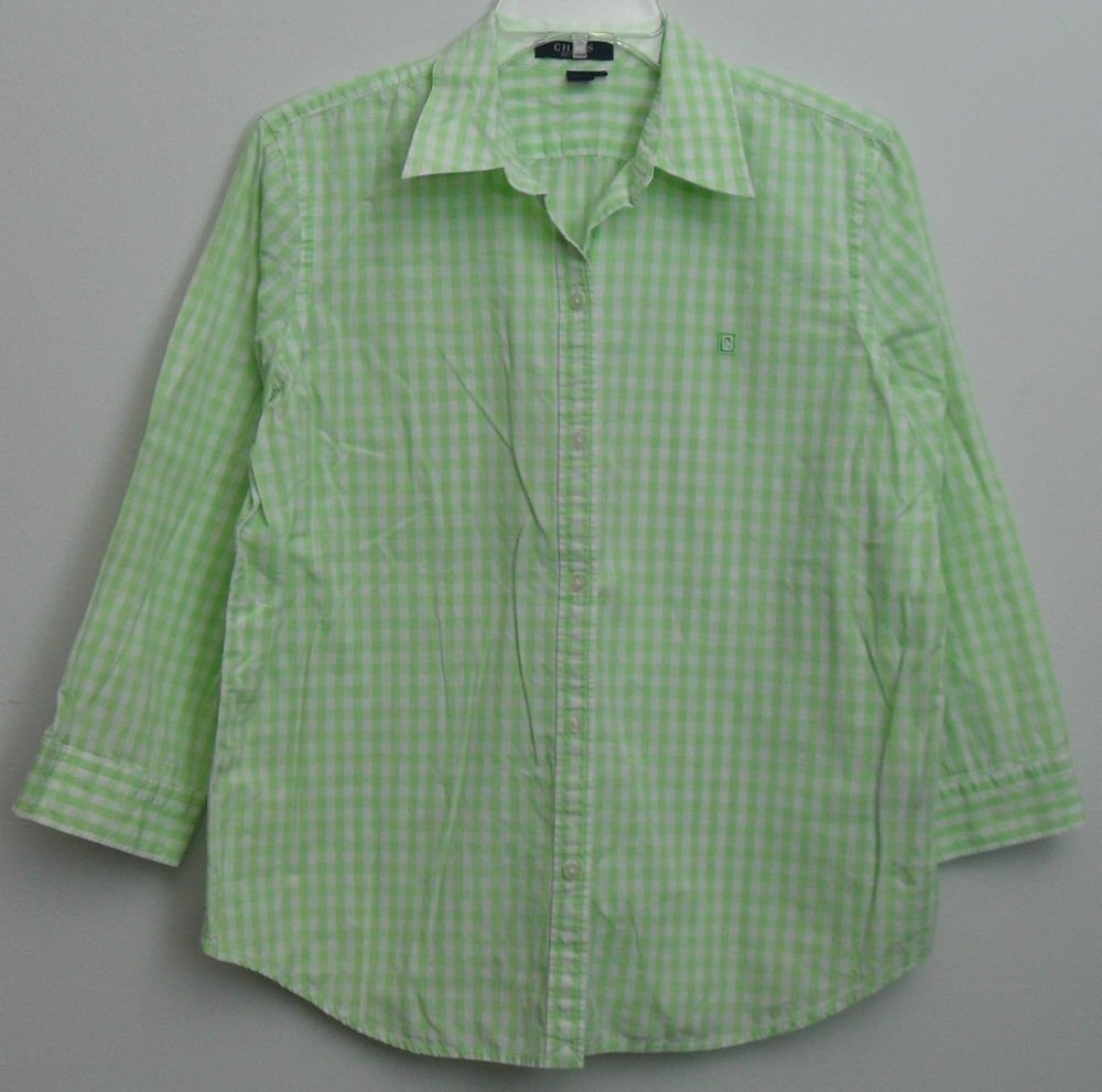 Chaps Large Green & White Gingham Checkered Plaid No Button Slit Cuff Blouse Top