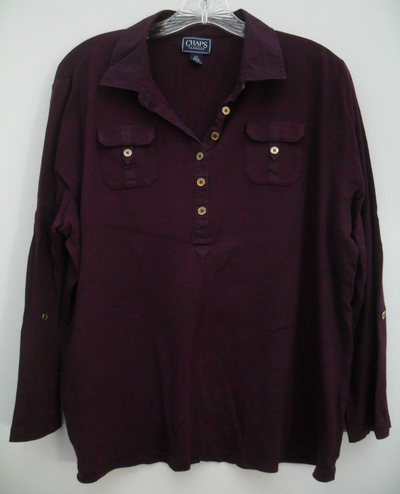 Chaps Classics Womens Plus 2X Deep Dark Purple 2 Chest Pocket Button Fold Sleeve
