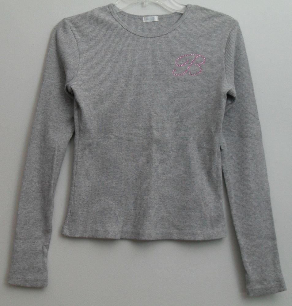 Aqua Vertical Ribbed Gray Cotton Knit Top Pink Studded Monogram " B " S / M