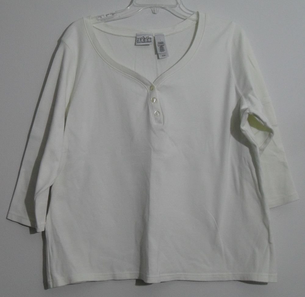 Liz Claiborne Villager Sport Sweetheart Button V-Neck Pocket Sleeve Off White 1X
