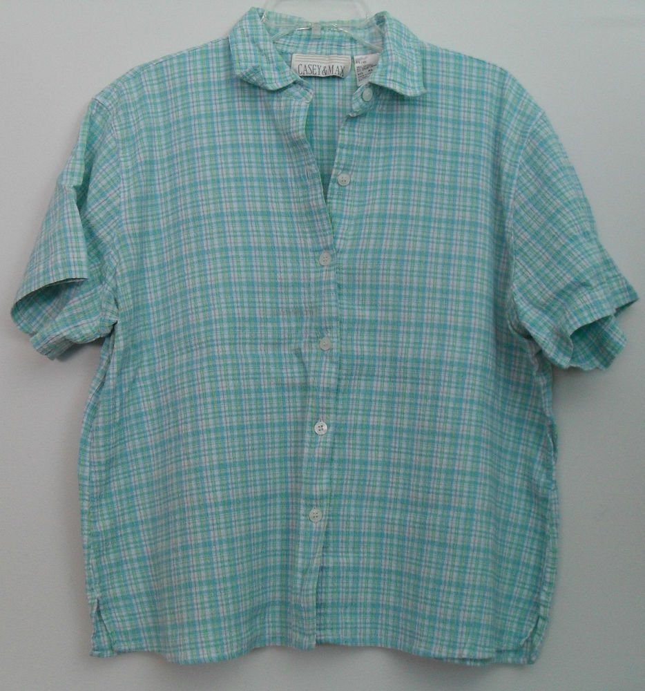 Casey & Max Blue White Yellow Striped Crosshatch Pattern Short Sleeve ButtonDown
