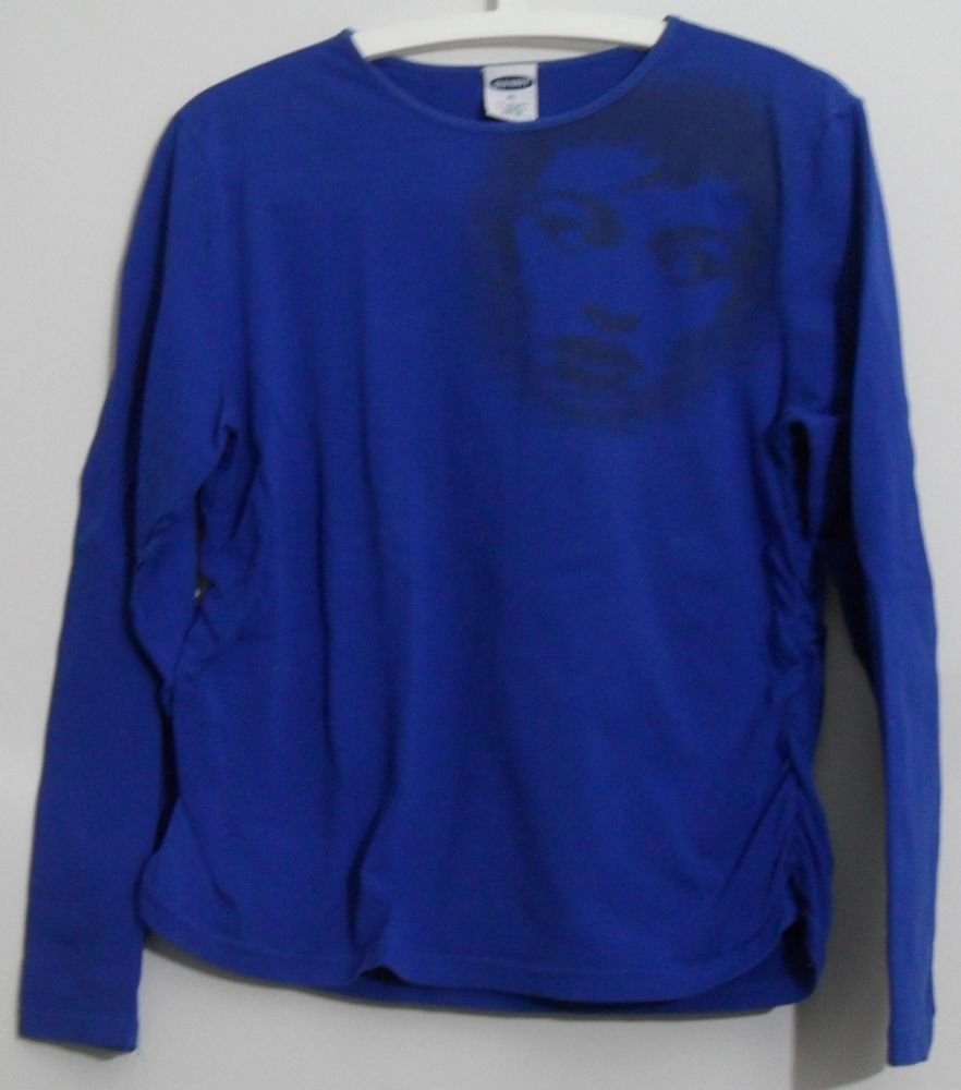 Old Navy XL Blue Knit Top Gathered Sides Face Print Long Sleeve Casual Knit Top